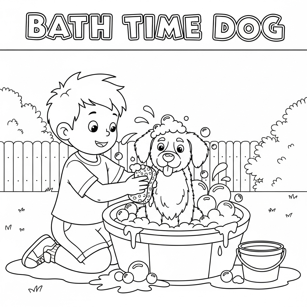 Dog bath time coloring page showing child washing a pet dog with bubbles and fun interaction 狗狗洗澡填色图,孩子帮狗狗洗澡的趣味场面