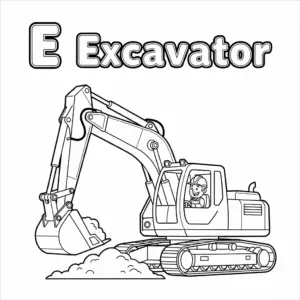E for Excavator coloring page – cartoon digger with smiling driver