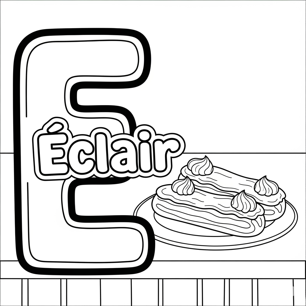Éclair coloring page – French cream-filled pastry. 法国闪电泡芙儿童填色页