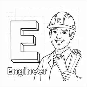 Letter E engineer coloring page for kids