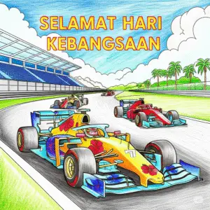 🇲🇾 国庆日大红花涂装F1赛车儿童填色图入口插图 🇬🇧 Entry image for Merdeka-themed hibiscus-decorated F1 race car coloring pages for kids