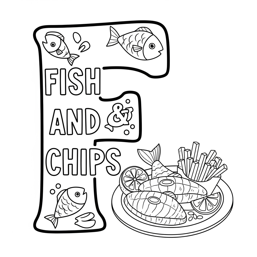 Fish and Chips coloring page – British fried fish and fries. 英国炸鱼薯条儿童填色页