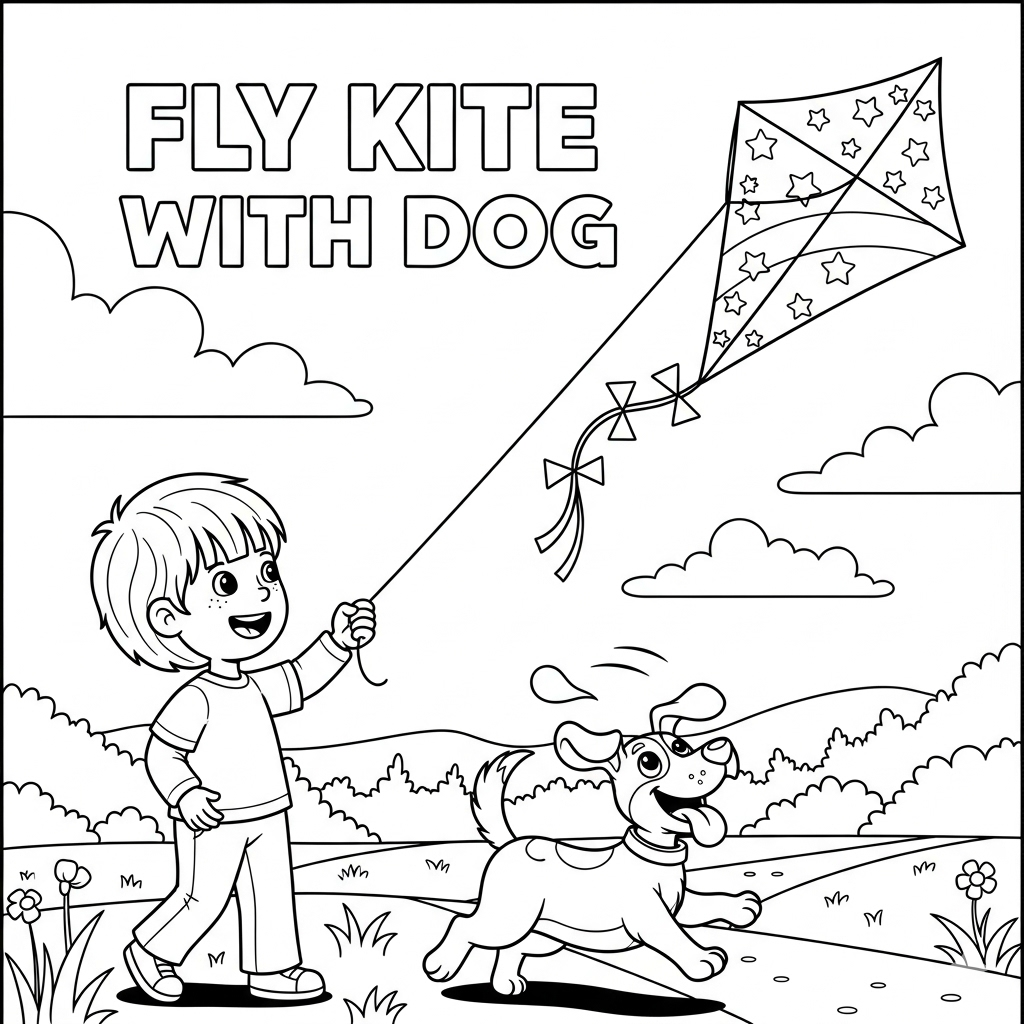 Fly kite with dog coloring page, child and dog playing outdoors with kite and happy sky 放风筝与狗填色图,户外亲子活动素材