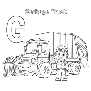 G for Garbage Truck coloring page – cartoon waste truck with bins