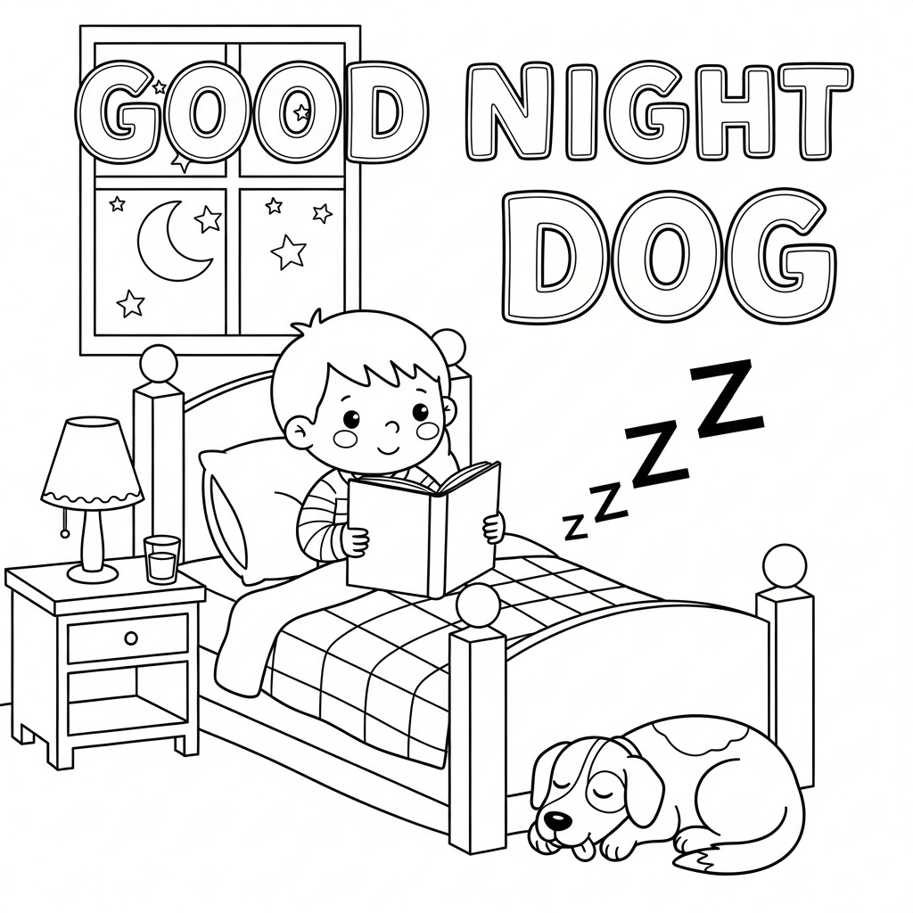 Good night dog coloring page, bedtime reading with a dog, calm and cozy scene for kids 晚安故事與狗填色圖,睡前閱讀場景