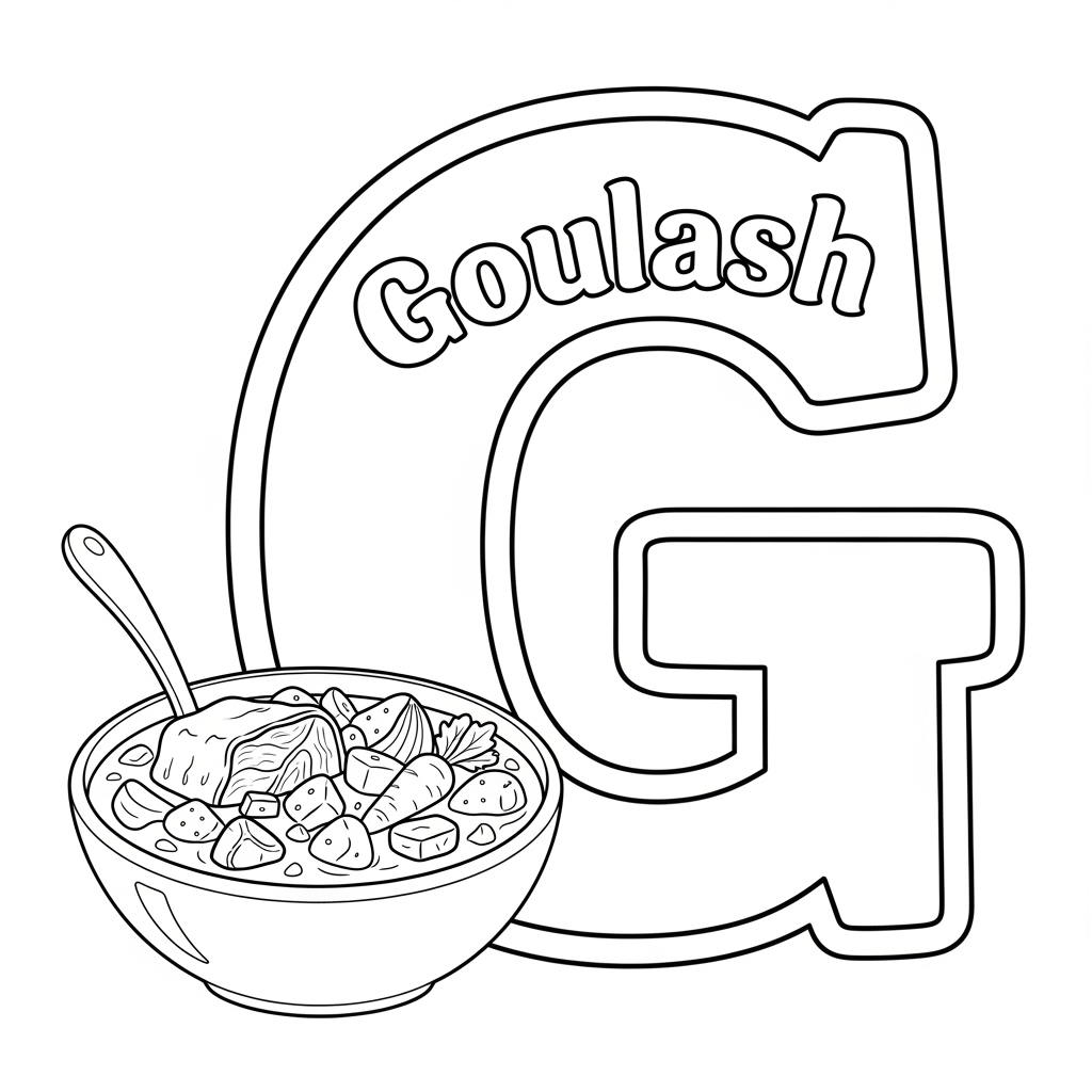 Goulash coloring page – Hungarian beef stew. 匈牙利炖牛肉儿童填色页