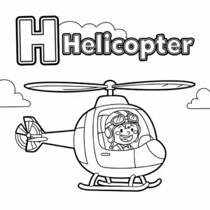 H for Helicopter coloring page – cartoon chopper flying with letter H
