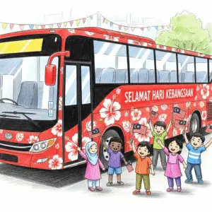 National Day hibiscus-decorated bus coloring page preview for kids