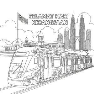 Hibiscus-themed Malaysian LRT train decorated for National Day with city landmarks in background