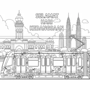 Hibiscus-themed Malaysian LRT train decorated for National Day with city landmarks in background