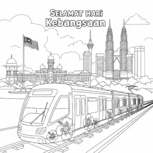 Hibiscus-themed Malaysian LRT train decorated for National Day with city landmarks in background