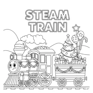 Steam train carrying presents and balloons, decorated for holiday.