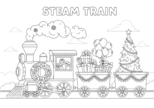 Steam train carrying presents and balloons, decorated for holiday.