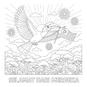 犀鸟飞翔，口叼马来西亚国旗 / Hornbill flying with a Malaysian flag in its beak