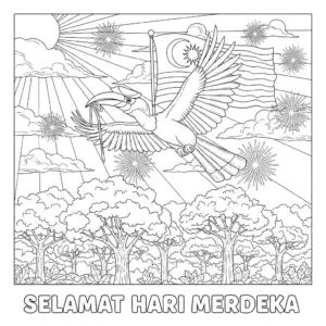 犀鸟飞翔，口叼马来西亚国旗 / Hornbill flying with a Malaysian flag in its beak