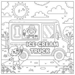 I for Ice Cream Truck coloring page – cartoon vendor with ice cream