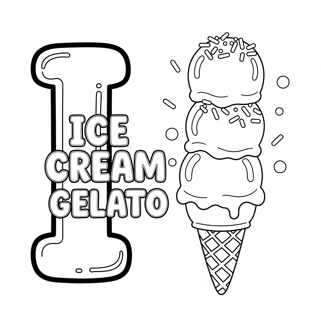 Ice Cream Gelato coloring page – Italian ice cream. 意大利冰淇淋儿童填色页