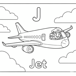 J for Jet coloring page – cartoon jet airplane with smiling pilot