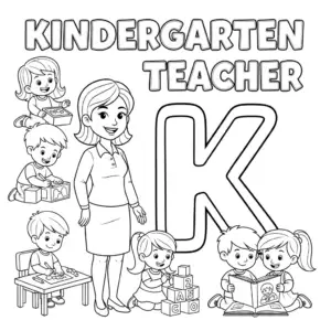 Kindergarten Teacher coloring page with big letter K and kids playing