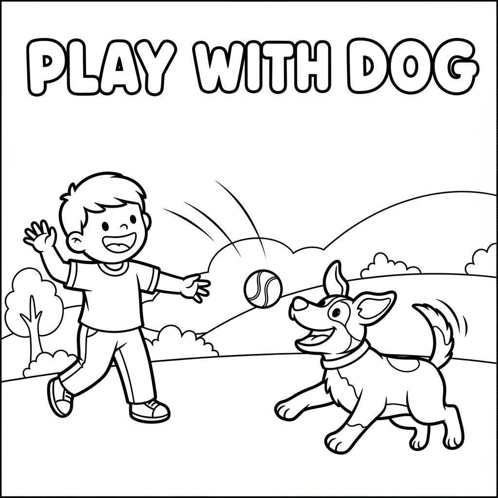 Child playing ball with dog coloring page, active outdoor play to improve coordination and fun 玩球與狗填色圖,促進手眼協調與運動