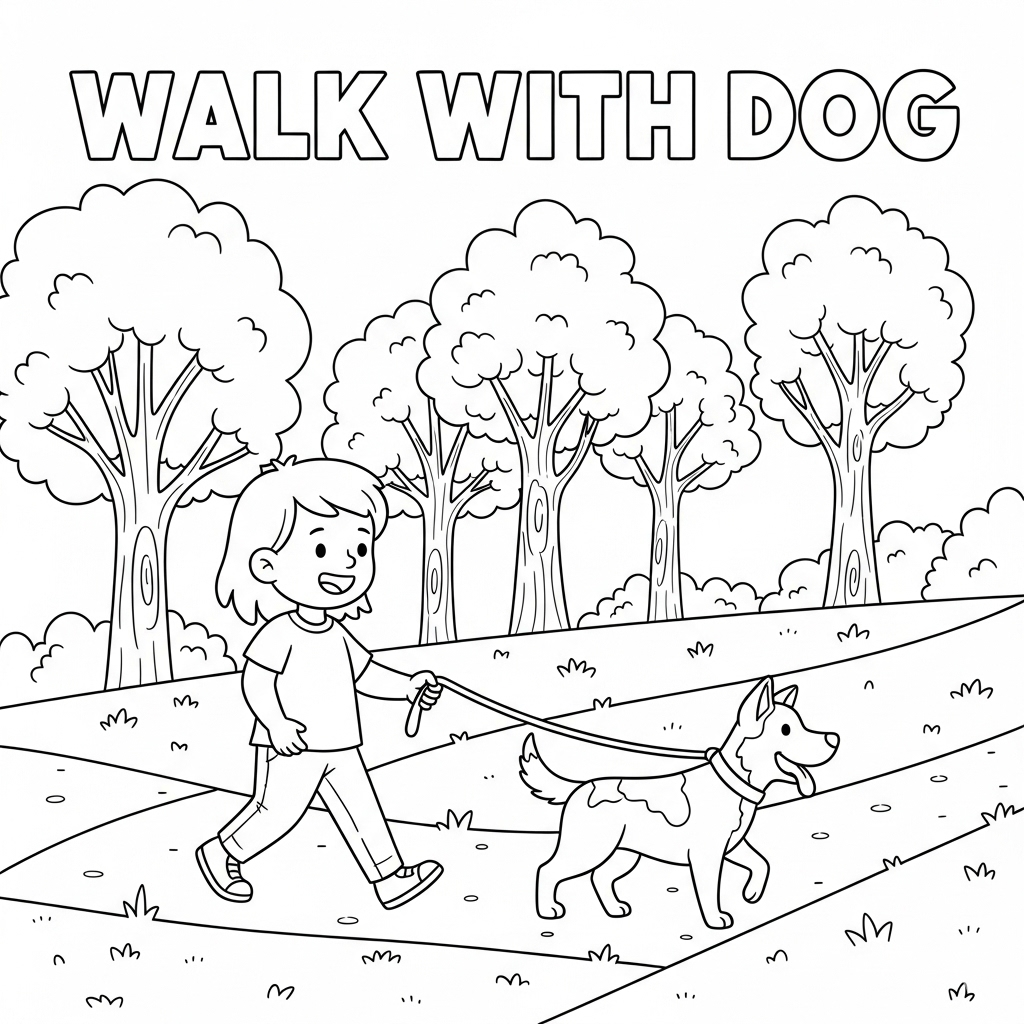 Child walking dog coloring page, walking on a leash teaches care and outdoor routine with pets 散步遛狗填色圖,教孩子照顧寵物的日常