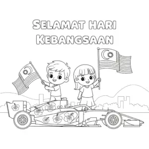 🇲🇾 小朋友围着大红花F1赛车挥动国旗欢呼 🇬🇧 Kids waving Malaysian flags around hibiscus-themed F1 car coloring page