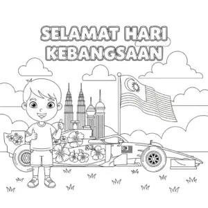 🇲🇾 小朋友围着大红花F1赛车挥动国旗欢呼 🇬🇧 Kids waving Malaysian flags around hibiscus-themed F1 car coloring page