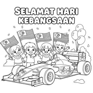 🇲🇾 小朋友围着大红花F1赛车挥动国旗欢呼 🇬🇧 Kids waving Malaysian flags around hibiscus-themed F1 car coloring page