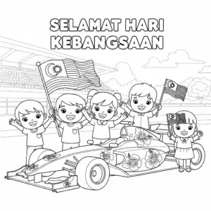 🇲🇾 小朋友围着大红花F1赛车挥动国旗欢呼 🇬🇧 Kids waving Malaysian flags around hibiscus-themed F1 car coloring page