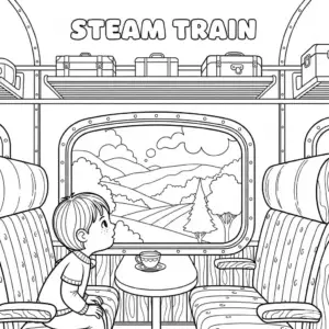 Children looking out from steam train windows, smiling and waving.