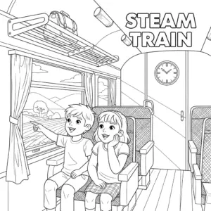Children looking out from steam train windows, smiling and waving.