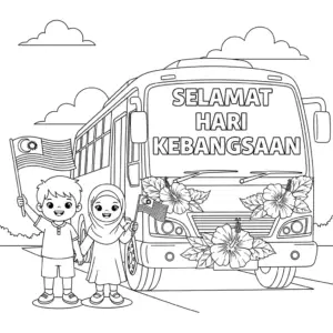 Children waving flags next to National Day hibiscus bus