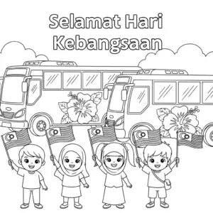 Children waving flags next to National Day hibiscus buses