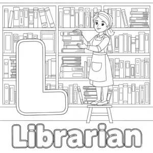 Librarian coloring page with big letter L and bookshelves