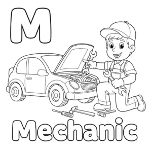 Mechanic coloring page with big letter M and tools
