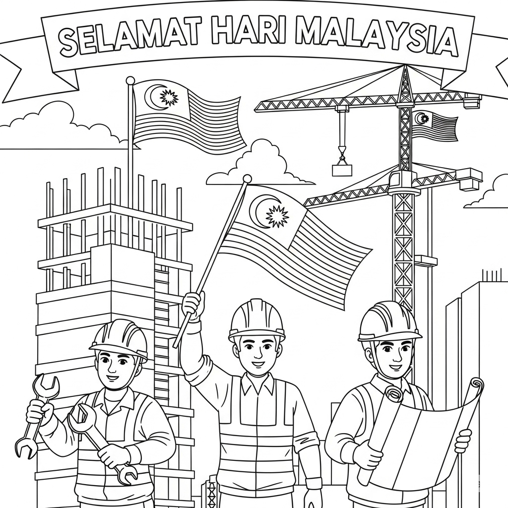 Construction workers waving Jalur Gemilang — 建筑工人挥舞国旗