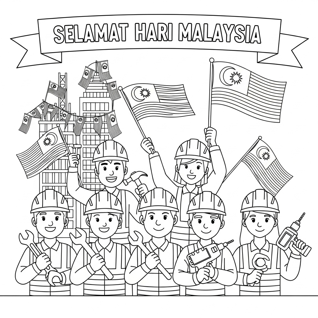Construction site with Selamat Hari Malaysia banner — 工地与横幅
