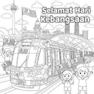 National Day themed LRT train arriving with children waving Malaysian flags at Merdeka Square