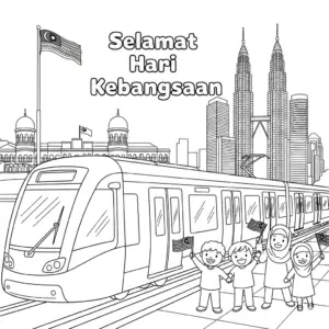 National Day themed LRT train arriving with children waving Malaysian flags at Merdeka Square