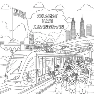 National Day themed LRT train arriving with children waving Malaysian flags at Merdeka Square