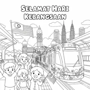 National Day themed LRT train arriving with children waving Malaysian flags at Merdeka Square