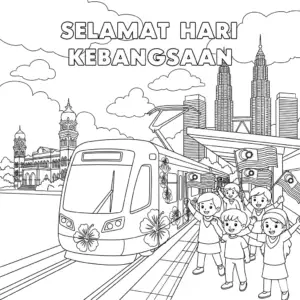 National Day themed LRT train arriving with children waving Malaysian flags at Merdeka Square