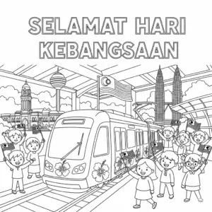 National Day themed LRT train arriving with children waving Malaysian flags at Merdeka Square