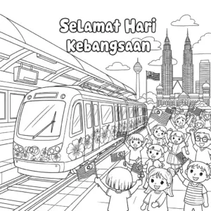 National Day themed LRT train arriving with children waving Malaysian flags at Merdeka Square