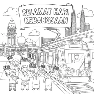 National Day themed LRT train arriving with children waving Malaysian flags at Merdeka Square
