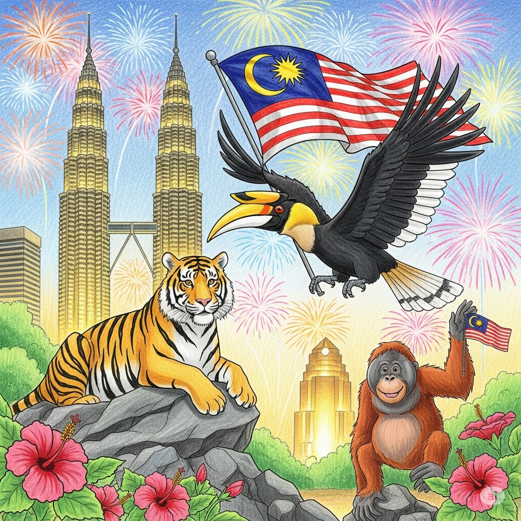 马来西亚国庆日动物填色图：马来虎、红毛猩猩与犀鸟 Merdeka Day Animal Coloring Pages: Malayan Tiger, Orangutan & Hornbill