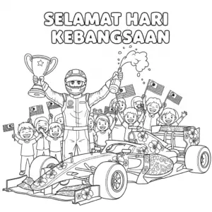 🇲🇾 F1冠军庆祝胜利，小朋友挥舞国旗欢呼填色图 🇬🇧 F1 champion spraying champagne with kids waving flags coloring page