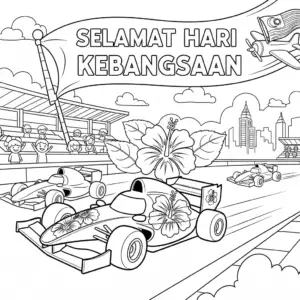 🇲🇾 大红花F1赛车超越其他赛车，国庆日主题填色图 🇬🇧 Merdeka hibiscus-themed F1 car overtaking other race cars coloring page