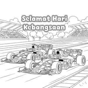 🇲🇾 大红花F1赛车超越其他赛车，国庆日主题填色图 🇬🇧 Merdeka hibiscus-themed F1 car overtaking other race cars coloring page