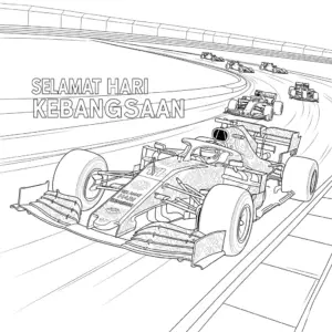 🇲🇾 大红花F1赛车超越其他赛车，国庆日主题填色图 🇬🇧 Merdeka hibiscus-themed F1 car overtaking other race cars coloring page